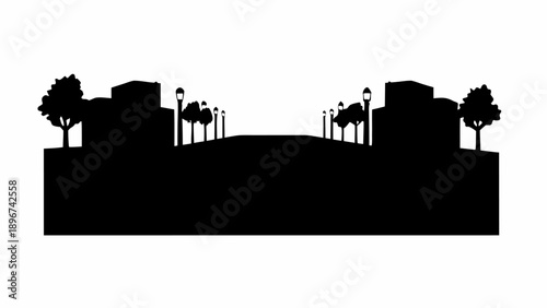 Modern cityscape silhouette with trees and streetlights