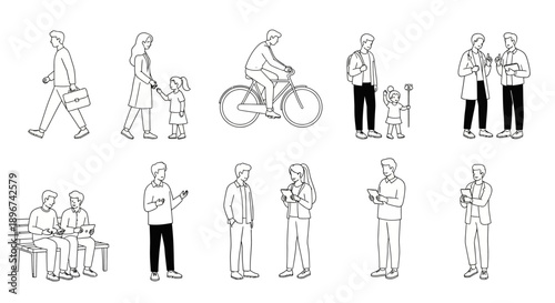 diverse people daily life activities line art illustrations showcasing various individuals walking cycling working and interacting in modern society