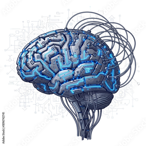 Cyborg brain with glowing blue circuits and wires connected