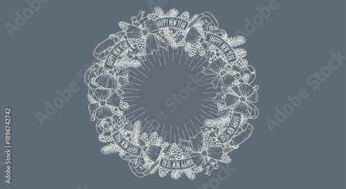 hand-drawn happy new year wreath with pinecones bows and happy new year ribbons for holiday greeting cards.