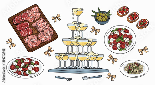 italian celebration spread charcuterie caprese bruschetta pasta and a champagne tower great for festive dining.