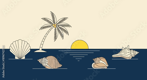 minimalist tropical beach illustration with palm tree serene ocean sunset and diverse seashells great for summer travel design.