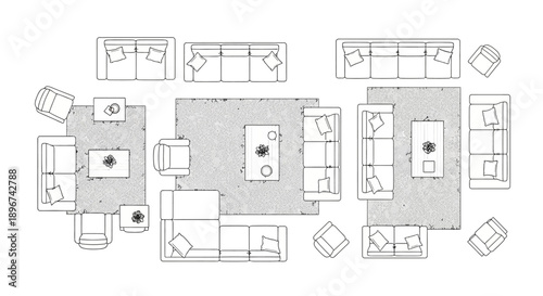 modern interior design furniture layouts overhead blueprint showcasing living rooms with sofas armchairs tables for architectural planning.