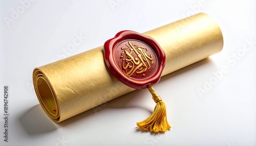 Golden scroll with red wax seal and Arabic calligraphy