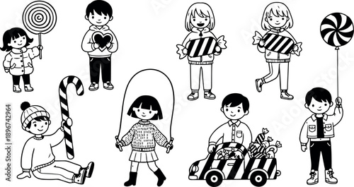 Black and white line art children holding candy and playing with skipping rope and toy car in simple cartoon style