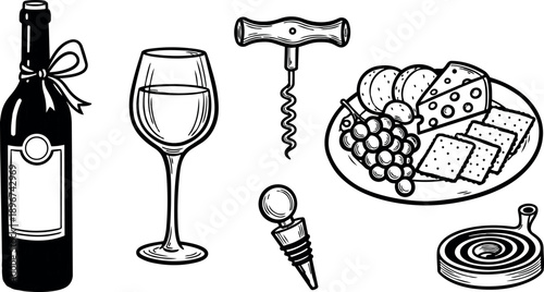 Black and white line art of wine bottle glass corkscrew stopper cheese grapes crackers round tray set detailed sketch
