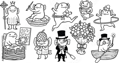 Black and white line art drawing of multiple whimsical cartoon fish characters in various playful costumes and activities with detailed expressions