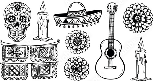 Black and white hand drawn day of the dead skull guitar sombrero flowers candles decorative mexican elements set