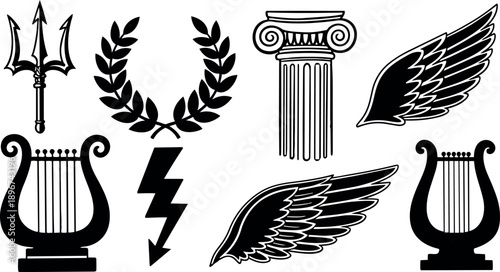 Flat design set of classical symbols lyre laurel wreath ionic column trident wing and lightning bolt arranged on white background