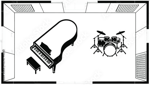 A top-down view of a modern recording studio. Inside the studio a grand piano and a drum kit stand ready for recording.