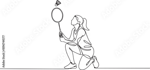 Single continuous line drawing professional woman badminton player get ready to receive shuttlecock from opponent. one line Art icon drawing vector