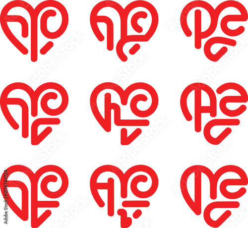 Nine abstract knotted red heart shapes collection