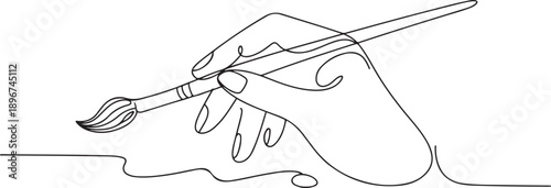 woman hand holding brush art artist lifestyle line art. one line Art icon drawing vector