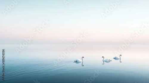 Serene swans glide on misty lake, reflections shimmering in soft light