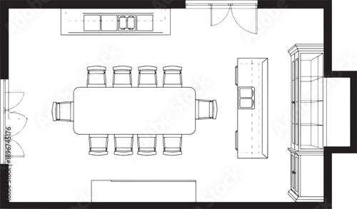 Elegant top-down view of a spacious dining room, perfectly designed with a modern minimalist aesthetic, complete with essential furnishings.