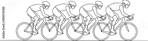 Cyclists compete in professional clothing and gear. one line Art icon drawing vector