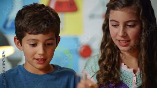 Smiling boy & girl, light-skinned, with dark hair, are looking down at something; background shows science-like decor