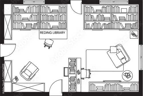 An architectural black and white illustration of library plan