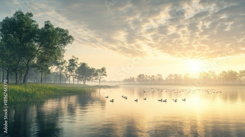 Serene morning lake scene with ducks, trees, and golden sunrise hues