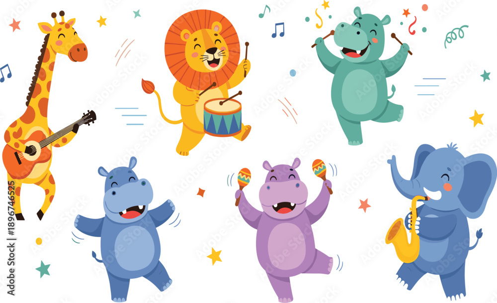 Obraz premium Cute Dancing Animal Characters Illustration Set with Giraffe, Lion, Hippo, Elephant, and Bear Playing Music for Kids, Party, and Cartoon Designs