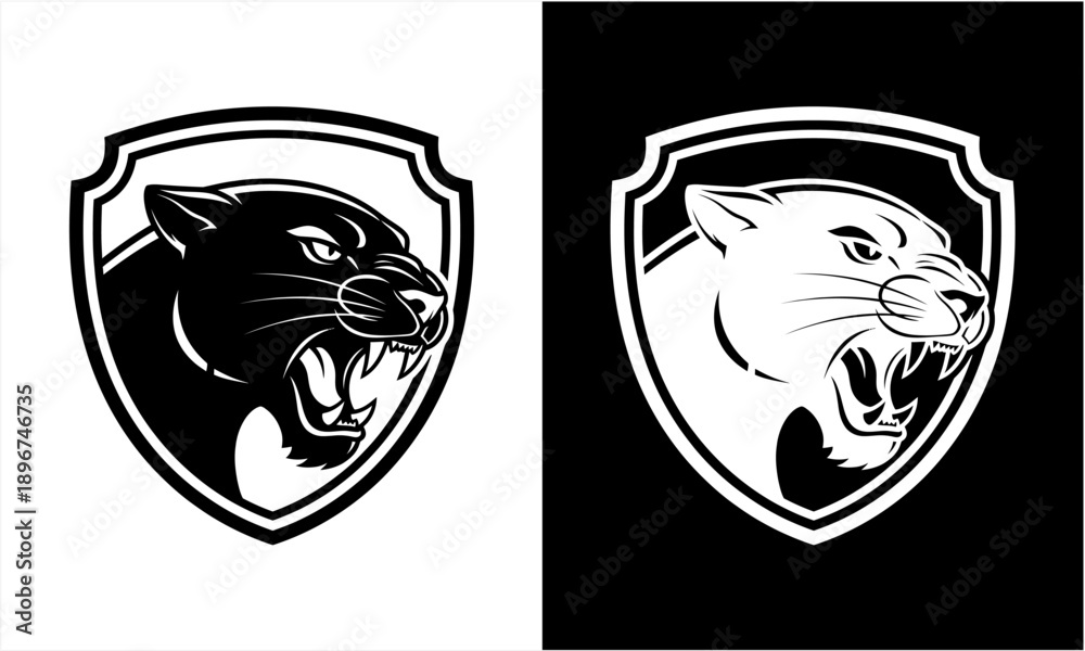 Obraz premium Roaring Panther Head in Shield Emblem Design.
