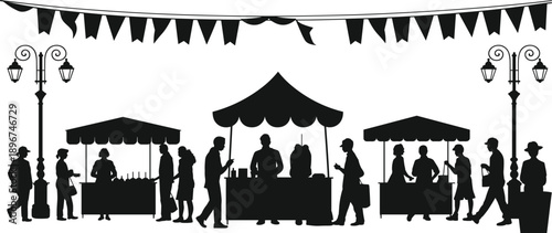 Outdoor street market silhouettes, people shopping at festive stalls with tents and banners, community fair retail lifestyle scene, elegant black vector illustration