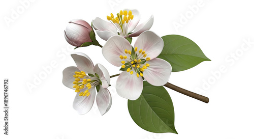 White and pink apple blossoms with green leaves on white background