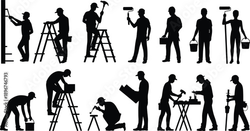 Painter and handyman worker silhouettes with ladders, rollers, buckets and tools, home renovation, repair and maintenance activities, black vector illustration set