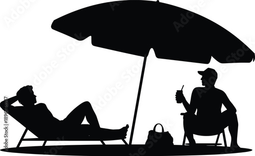 Relaxing beach vacation silhouette with couple resting under umbrella sunbed and drink, black vector illustration for summer travel holiday leisure concept