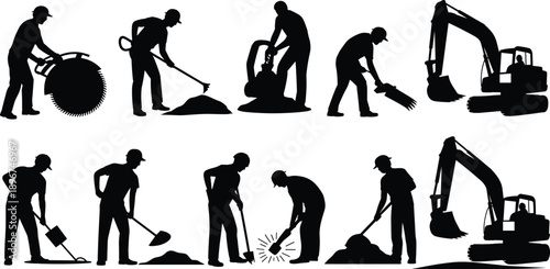Road construction worker silhouettes with heavy machinery and tools, cutting, digging, shoveling activities, black flat vector illustration set for construction industry