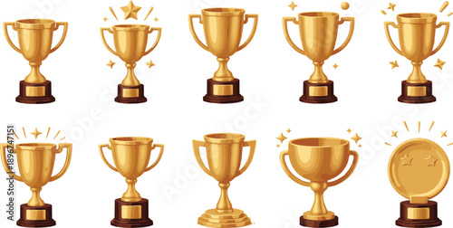 Golden Trophy Award Cup Illustration Set with Winner Prizes and Achievement Symbols for Competition, Success, Sports, and Celebration Designs