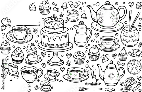 Vintage tea time illustration with desserts pastries teacups and kettle in black and white hand drawn vector design