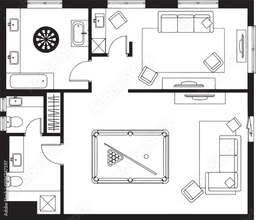 Detailed architectural layout showcases a well-designed interior space with essential features meticulously arranged for optimal functionality and aesthetic appeal.