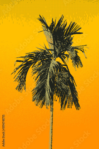 Palm tree in halftone style against warm golden tropical gradient sky