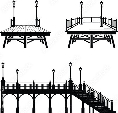Vintage wooden boardwalk and pier silhouette set with street lamps for coastal architecture beach promenade sea waterfront travel and ocean vector