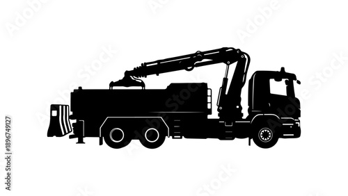 Black Silhouette Vector Truck with Crane Arm and Tank