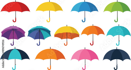 Colorful Umbrella Icon Set Illustration with Multiple Bright Rain Protection Symbols for Weather Apps, Insurance, Forecasts, and Graphic Design Projects