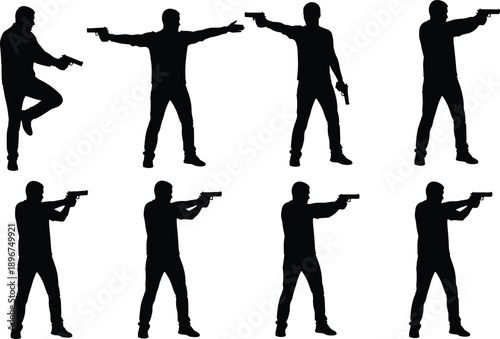 Male armed silhouettes aiming pistols in action poses, security, law enforcement, self defense, tactical concept black vector illustration set collection