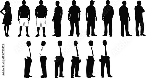 Casual and business people silhouettes standing in various poses, male and female characters, lifestyle diversity, black and white vector illustration set
