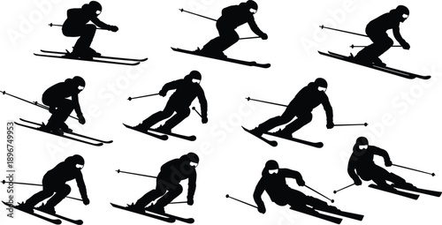 Skiing silhouette collection showing downhill skiers in dynamic alpine winter sport action poses black vector illustration for outdoor adventure design