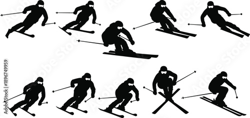 Skiing silhouette set showing downhill skiers in dynamic winter sports action poses black vector illustration for adventure, sport and outdoor design