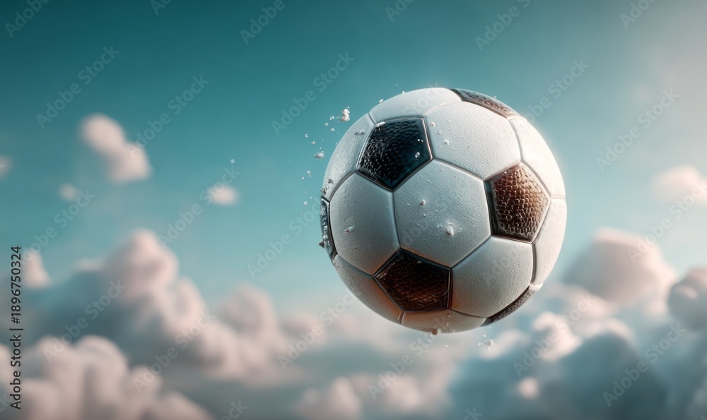 Fototapeta premium Photorealistic Soccer Ball Mid-Air with Summer Vibe against Cloudy Sky