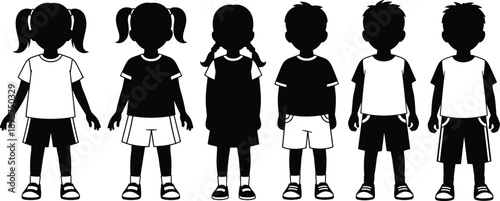 Children silhouette character set showing boys and girls standing in casual outfits in black vector style for education, childhood and design illustration