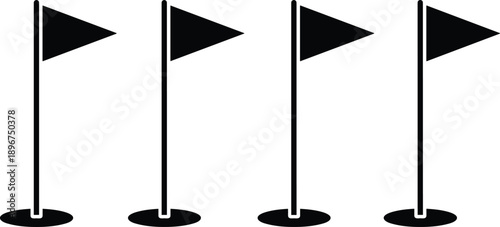 Directional flag silhouette set showing simple marker signs on poles in black vector style for navigation, sports, events and wayfinding illustration design