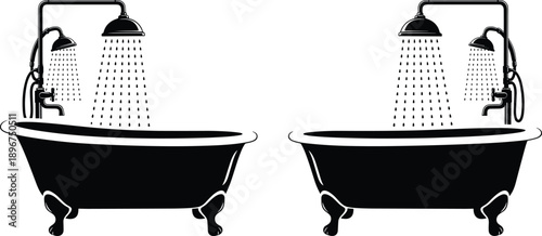 Classic bathtub and dual shower silhouette set featuring vintage bathroom fixtures in black vector style for interior design, hygiene and home illustration