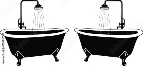Vintage bathtub and shower silhouette set showing classic bathroom fixtures in black vector style for interior design, hygiene and home illustration