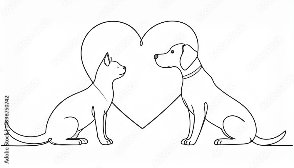 Obraz premium Cute cat and dog line drawing with heart