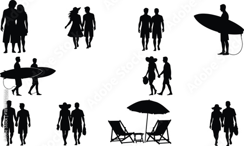 Summer beach couple silhouette set showing lovers walking, holding hands and surfing in black vector style for vacation, travel and lifestyle illustration