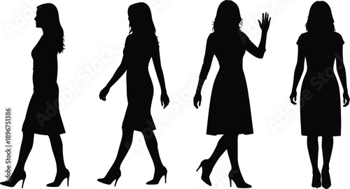 Female silhouette walking set showing elegant women waving and strolling in dresses and heels in black vector style for fashion illustration design