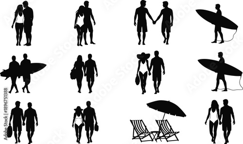 Beach couple silhouette collection showing lovers walking, holding hands and surfing in black vector style for summer, vacation and lifestyle illustration